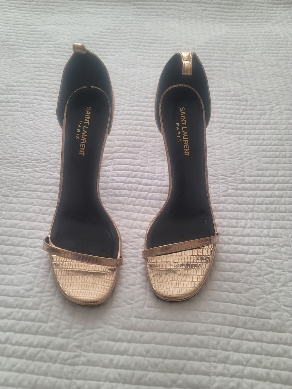 Saint Laurent Metallic Gold Textured Open-Toe Heels